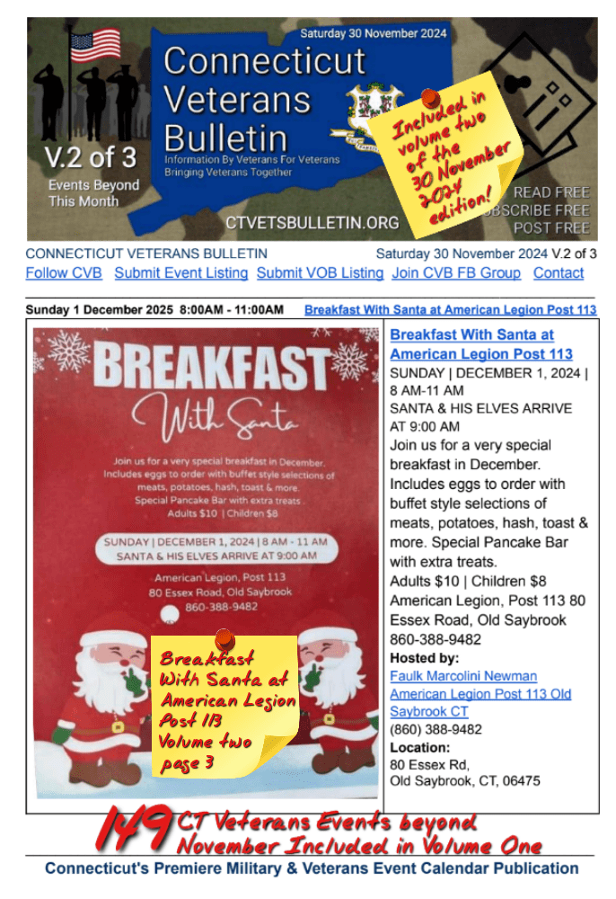 V2 CVB's Weekly Connecticut Veterans Calendar Publication Saturday 30 November 2024 featured listing Breakfast With Santa at American Legion Post 113