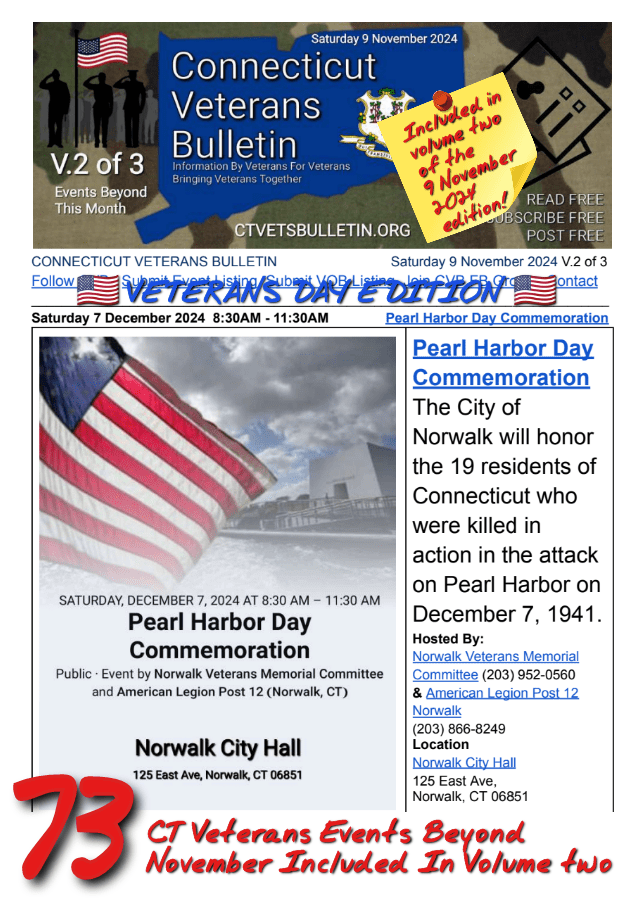 V2 CVB's Weekly Connecticut Veterans Calendar Publication Saturday 9 November 2024 featured listing