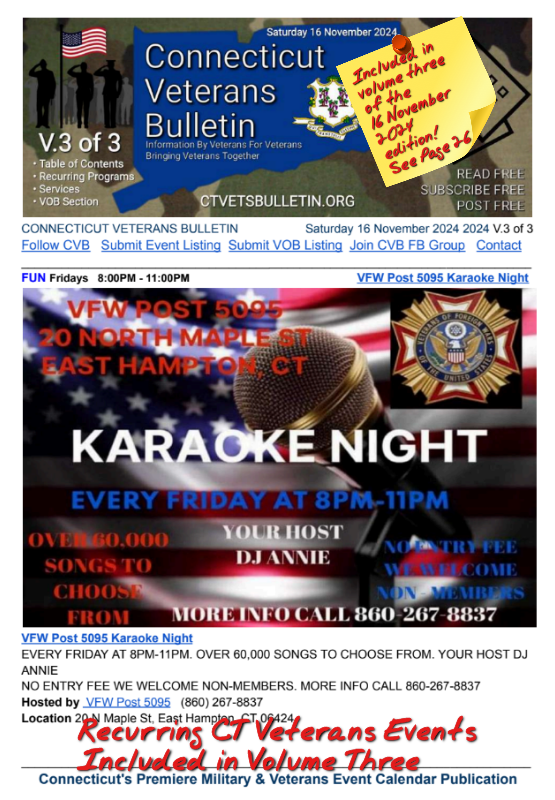 V3 CVB's Weekly Connecticut Veterans Calendar Publication Saturday 16 November 2024 Featured Listing VFW Post 5095 Karaoke Night