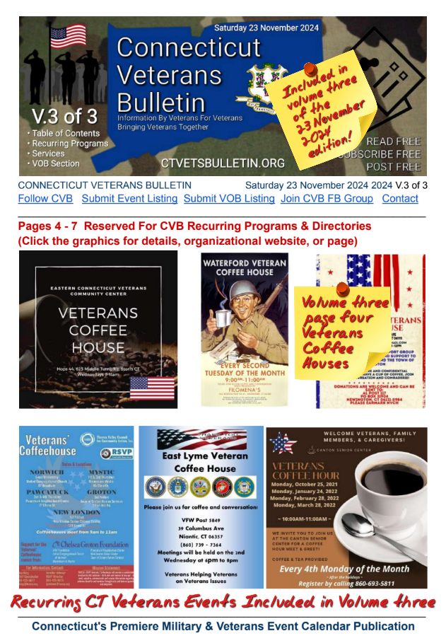 V3 CVB's Weekly Connecticut Veterans Calendar Publication Saturday 23 November 2024 Featured Listing Volume three page four Veterans Coffee Houses