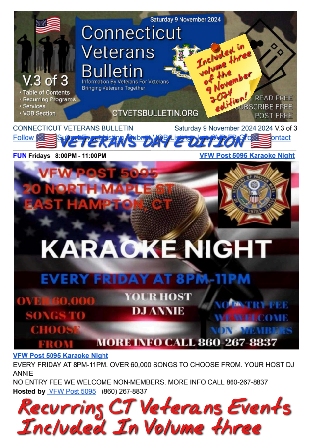 V3 CVB's Weekly Connecticut Veterans Calendar Publication Saturday 9 November 2024 Featured Listing