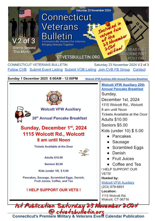 Wolcott VFW Auxiliary 20th Annual Pancake Breakfast