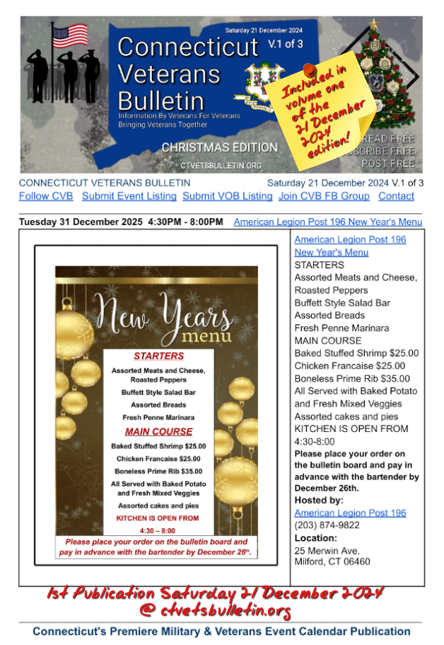 American Legion Post 196 New Year's Menu