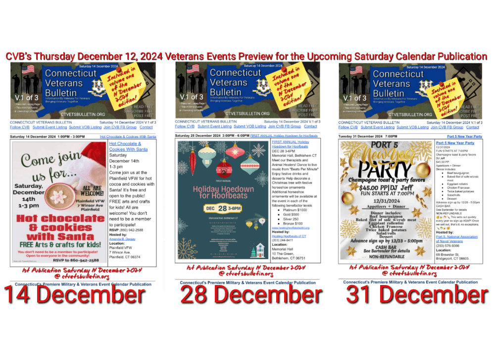 CVB’s Thursday December 12, 2024 Veterans Events Preview for the Upcoming Saturday Calendar Publication featured image