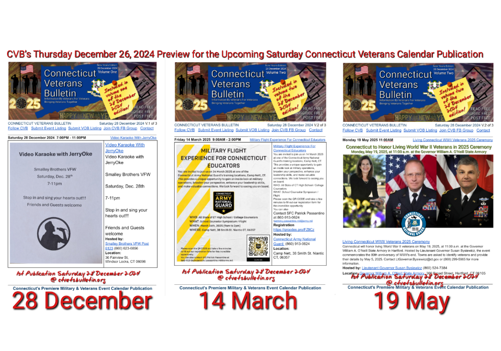 CVB’s Thursday December 26, 2024 Preview for the Upcoming Saturday Connecticut Veterans Calendar Publication featured image