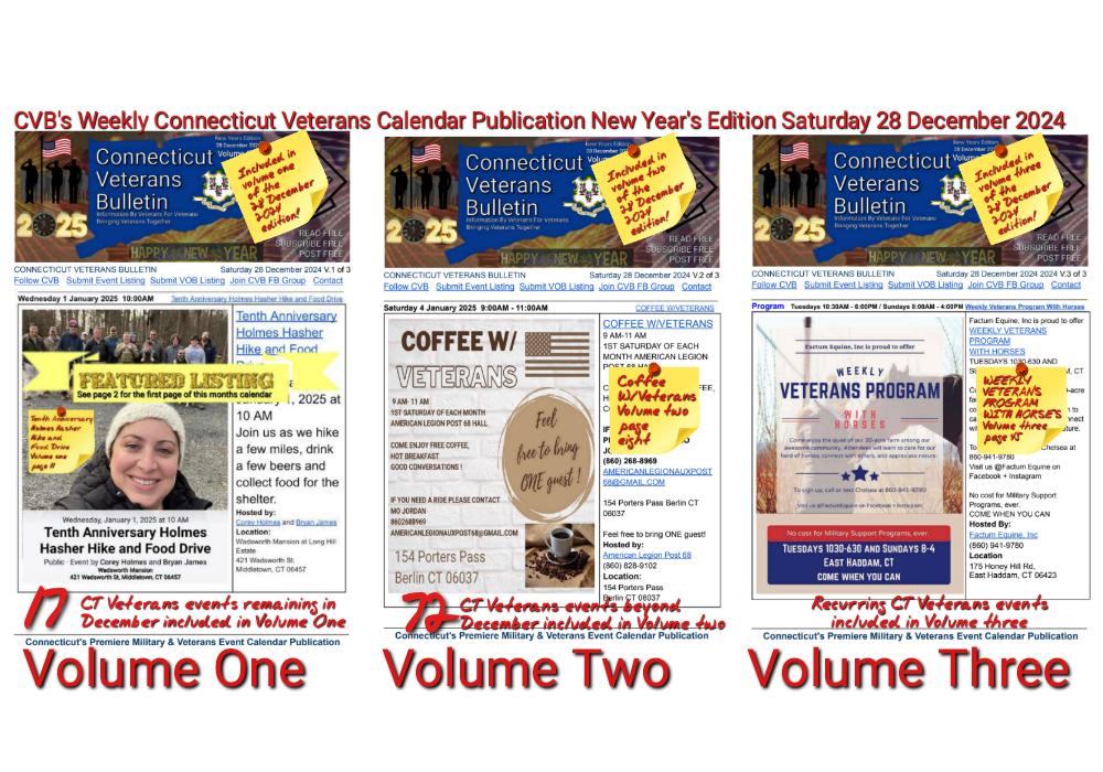 CVB's Weekly Connecticut Veterans Calendar Publication New Year's Edition Saturday 28 December 2024 featured image