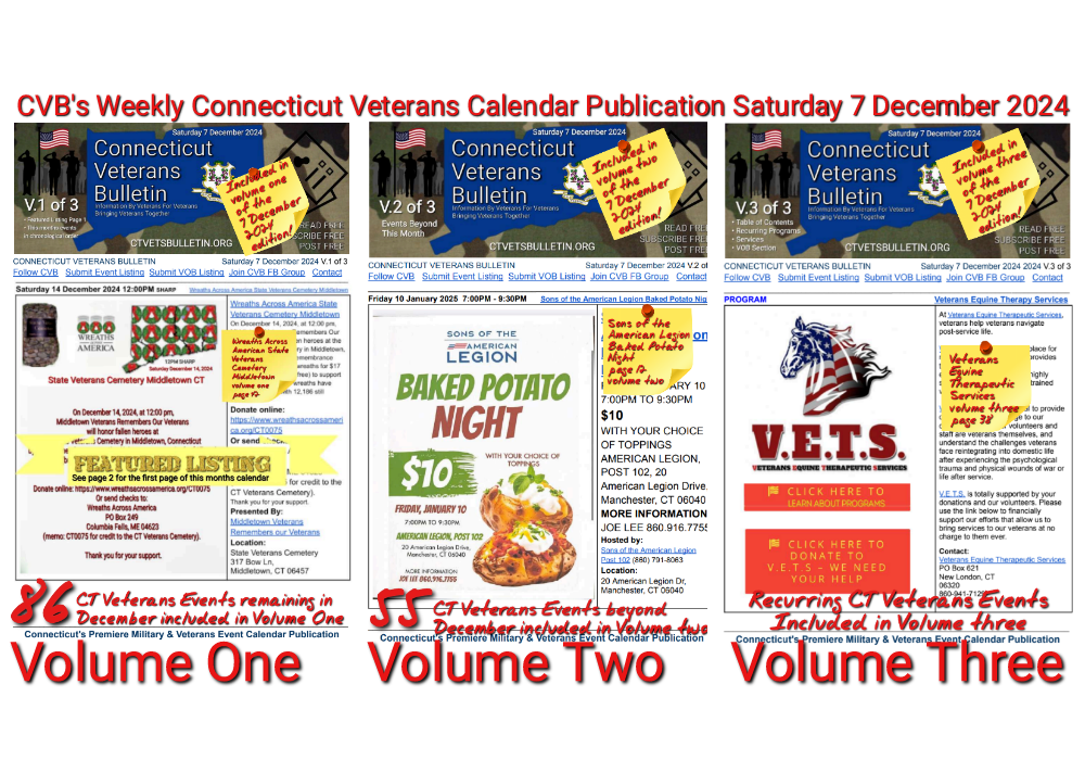 CVB's Weekly Connecticut Veterans Calendar Publication Saturday 7 December 2024 featured image