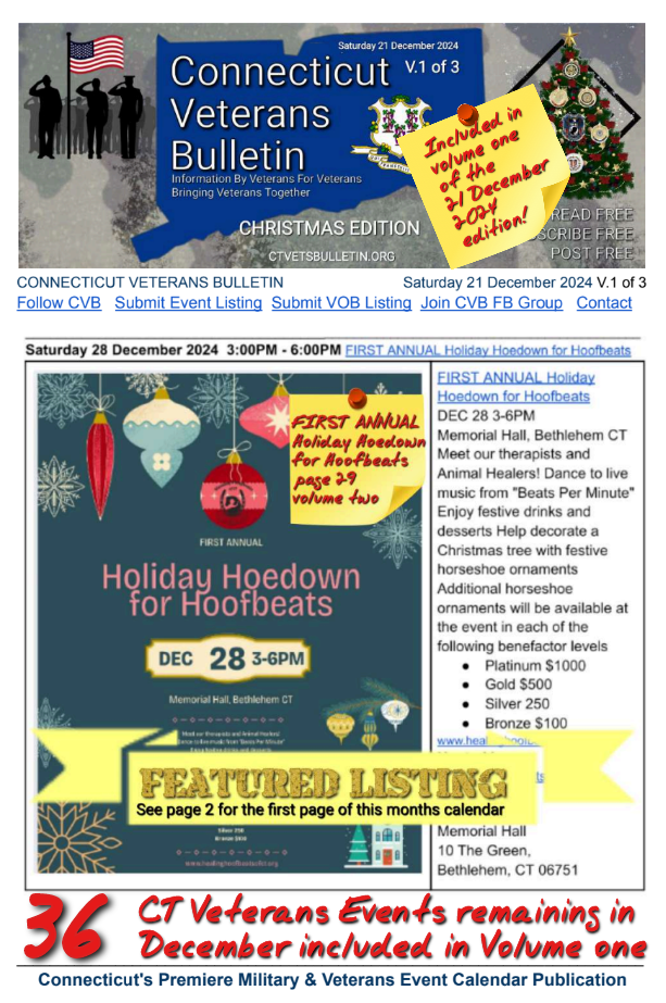 V1 CVB's Weekly Connecticut Veterans Calendar Publication Christmas Edition Saturday 21 December 2024 featured listing FIRST ANNUAL Holiday Hoedown for Hoofbeats