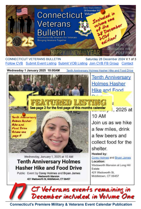 V1 CVB's Weekly Connecticut Veterans Calendar Publication New Year's Edition Saturday 28 December 2024 featured listing