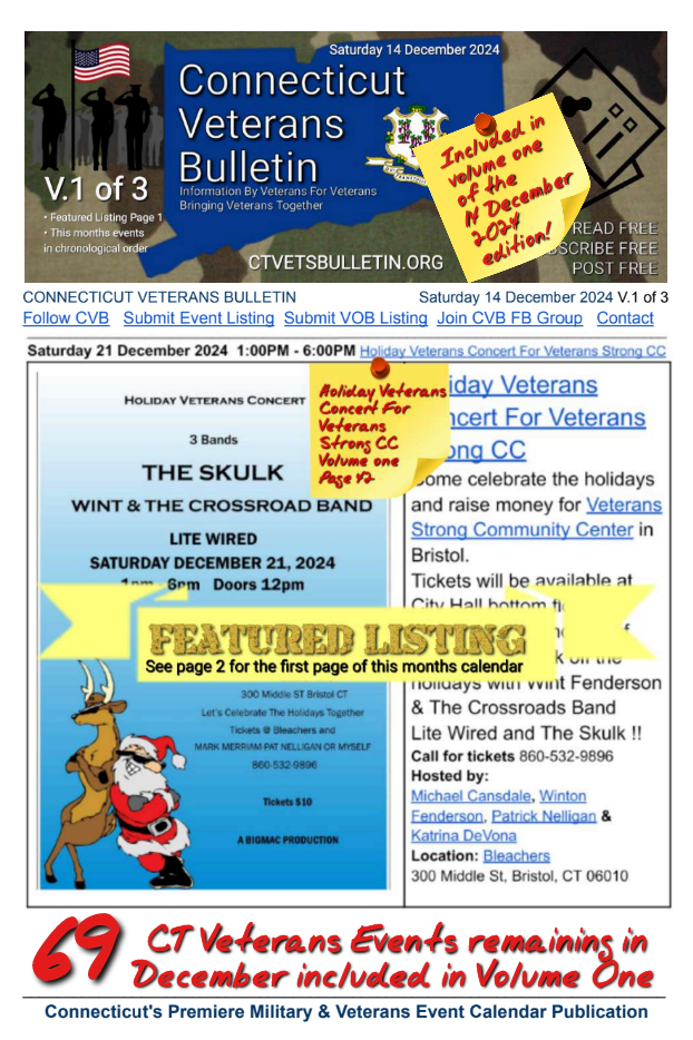 V1 CVB's Weekly Connecticut Veterans Calendar Publication Saturday 14 December 2024 featured listing Concert For Veterans Strong Community Center