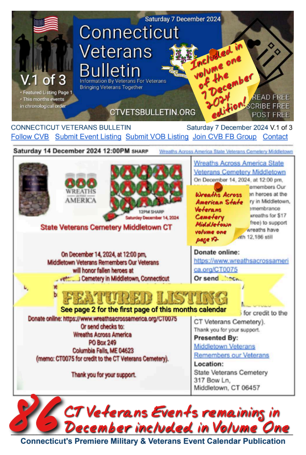 V1 CVB's Weekly Connecticut Veterans Calendar Publication Saturday 7 December 2024 featured listing Wreaths Across America State Veterans Cemetery Middletown