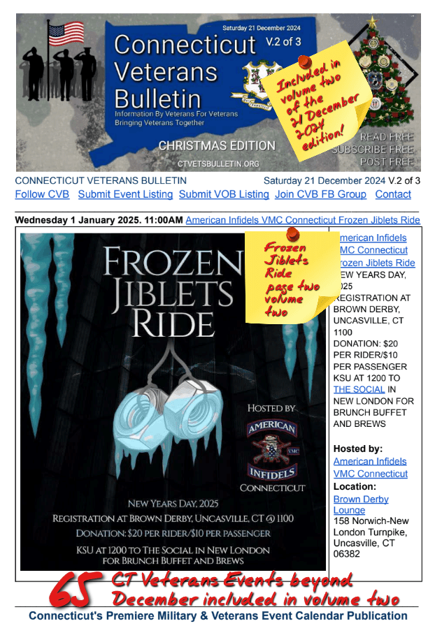 V2 CVB's Weekly Connecticut Veterans Calendar Publication Christmas Edition Saturday 21 December 2024 featured listing Frozen Jiblets Ride
