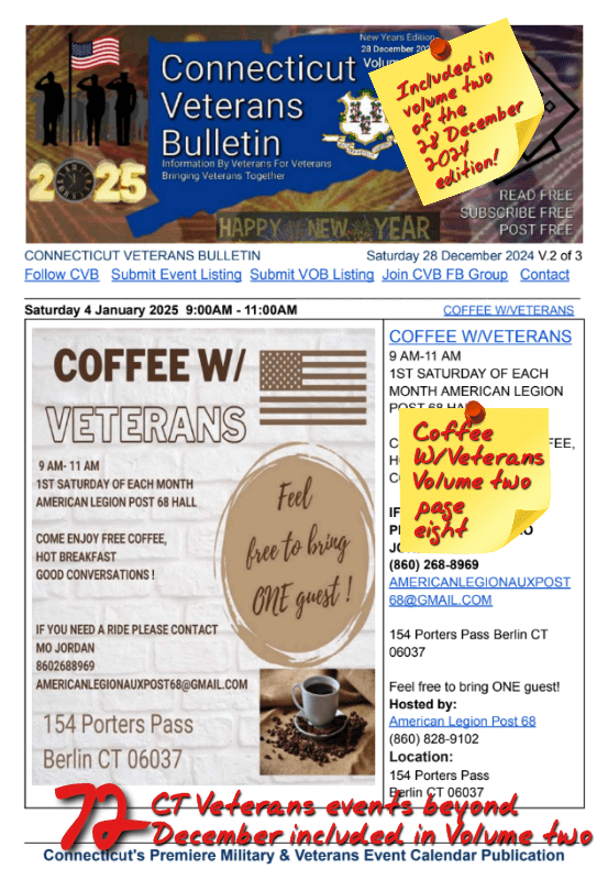 V2 CVB's Weekly Connecticut Veterans Calendar Publication New Year's Edition Saturday 28 December 2024 Coffee With Veterans Featured Listing