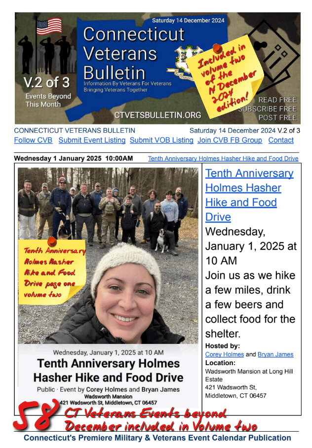 V2 CVB's Weekly Connecticut Veterans Calendar Publication Saturday 14 December 2024 featured listing Tenth Anniversary Holmes Hasher Hike and Food Drive