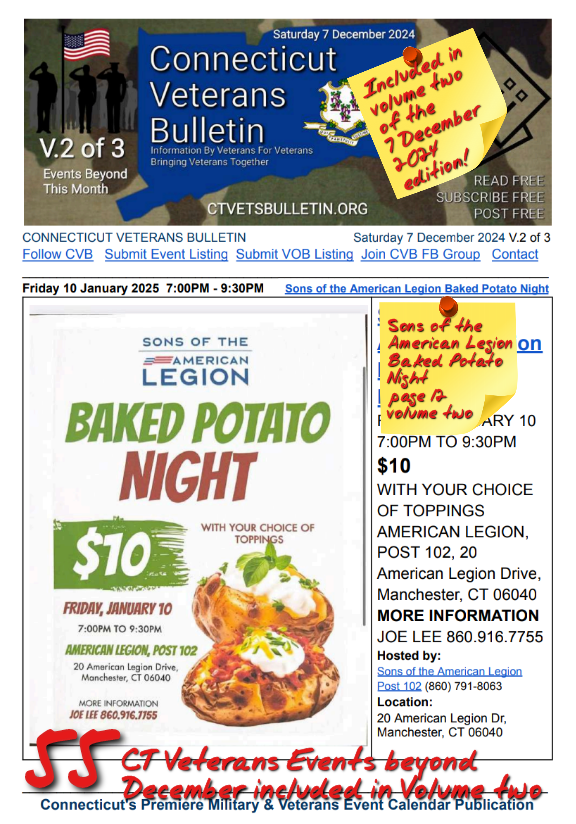 V2 CVB's Weekly Connecticut Veterans Calendar Publication Saturday 7 December 2024 featured listing Sons of the American Legion Baked Potato Night