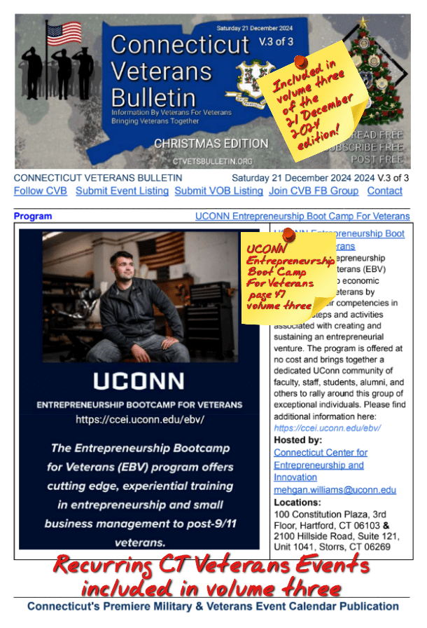 V3 CVB's Weekly Connecticut Veterans Calendar Publication Christmas Edition Saturday 21 December 2024 featured listing UCONN Entrepreneurship Boot Camp For Veterans