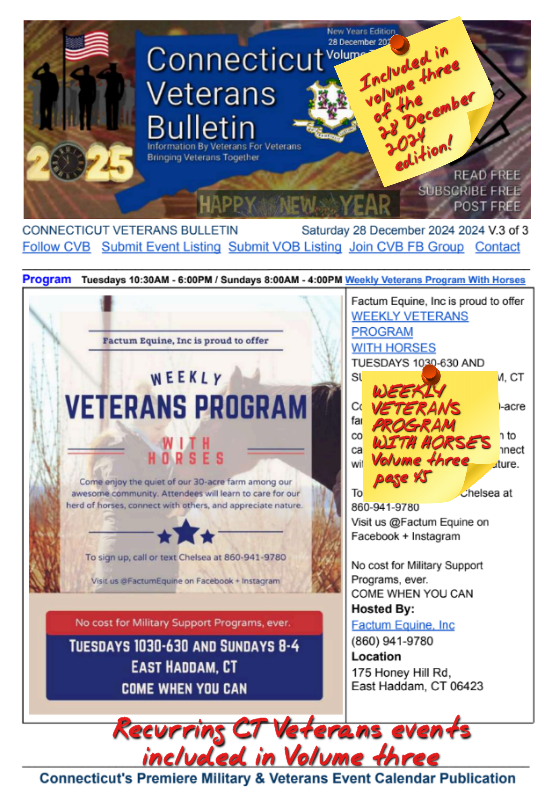 V3 CVB's Weekly Connecticut Veterans Calendar Publication New Year's Edition Saturday 28 December 2024 WEEKLY VETERANS PROGRAM WITH HORSES featured listing