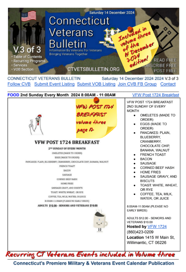 V3 CVB's Weekly Connecticut Veterans Calendar Publication Saturday 14 December 2024 featured listing VFW POST 1724 BREAKFAST