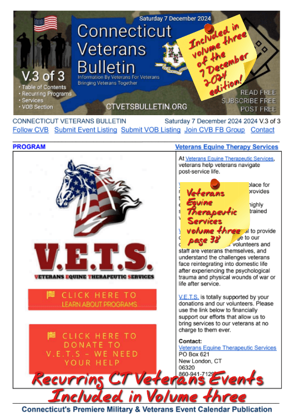 V3 CVB's Weekly Connecticut Veterans Calendar Publication Saturday 7 December 2024 featured listing Veterans Equine Therapeutic services