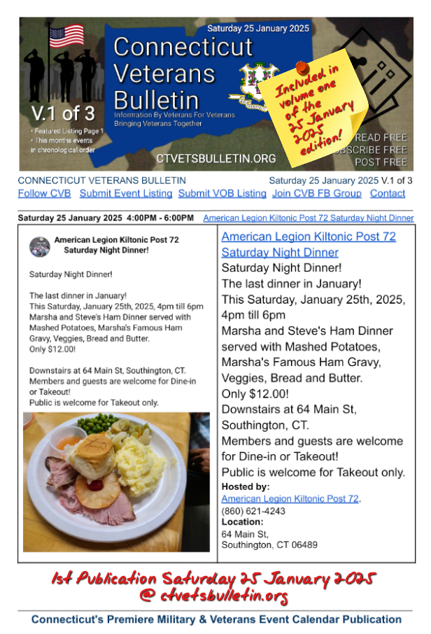 American Legion Kiltonic Post 72 Saturday Night Dinner 25 January 2025