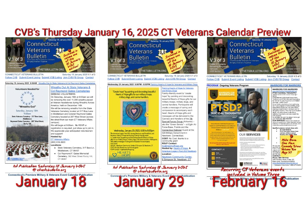 CVB’s Thursday January 16, 2025 CT Veterans Calendar Preview