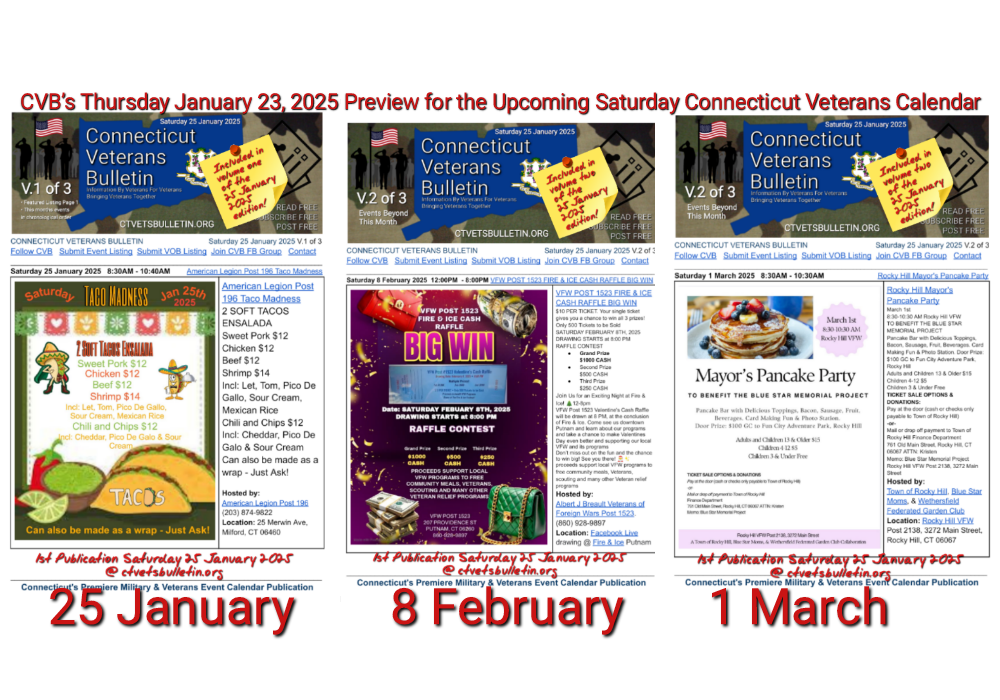 CVB’s Thursday January 23, 2025 Preview for the Upcoming Saturday Connecticut Veterans Calendar