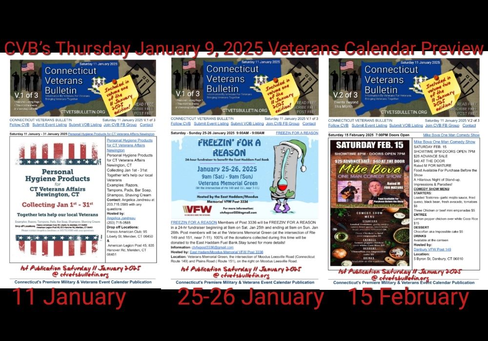 CVB’s Thursday January 9, 2025 Veterans Calendar Preview