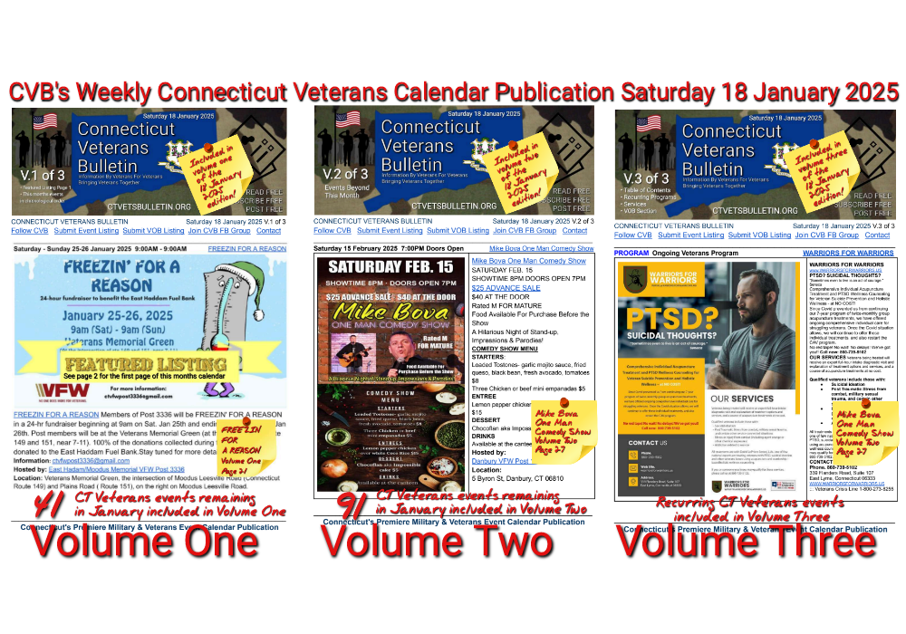 CVB's Weekly Connecticut Veterans Calendar Publication Saturday 18 January 2025