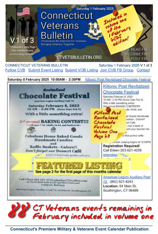 V1 CVB's Weekly Connecticut Veterans Calendar Publication Saturday 1 February 2025 Featured Listing Kiltonic Post Revitalized Chocolate Festival