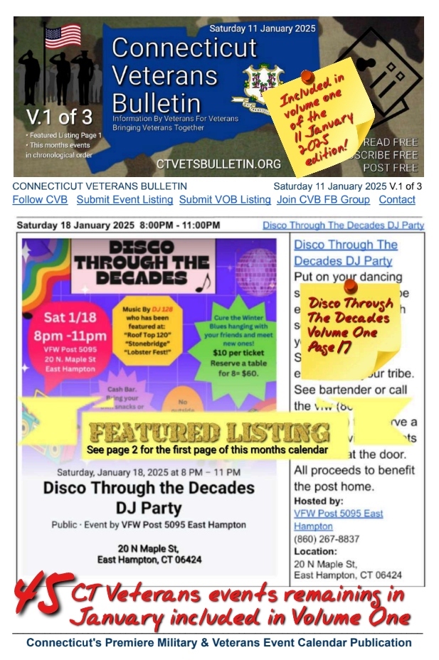 V1 CVB's Weekly Connecticut Veterans Calendar Publication Saturday 11 January 2025 Featured Listing Disco Through TheDecades DJ Party