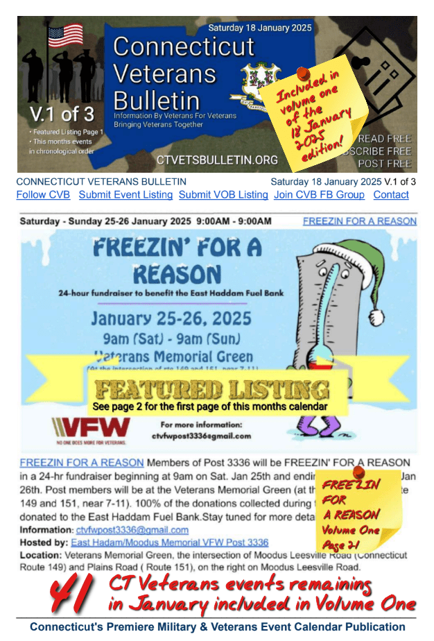 V1 CVB's Weekly Connecticut Veterans Calendar Publication Saturday 18 January 2025 Freezin For A Reason Featured Listing
