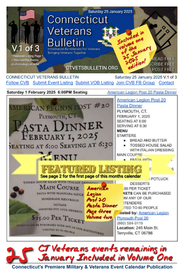 V1 CVB's Weekly Connecticut Veterans Calendar Publication Saturday 25 January 2025 Featured Listing American Legion Post 20 Pasta Dinner