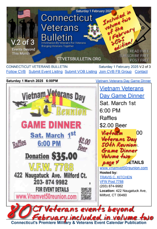 V2 CVB's Weekly Connecticut Veterans Calendar Publication Saturday 1 February 2025 Featured Listing Vietnam Veterans Day 50th Reunion Game Dinner