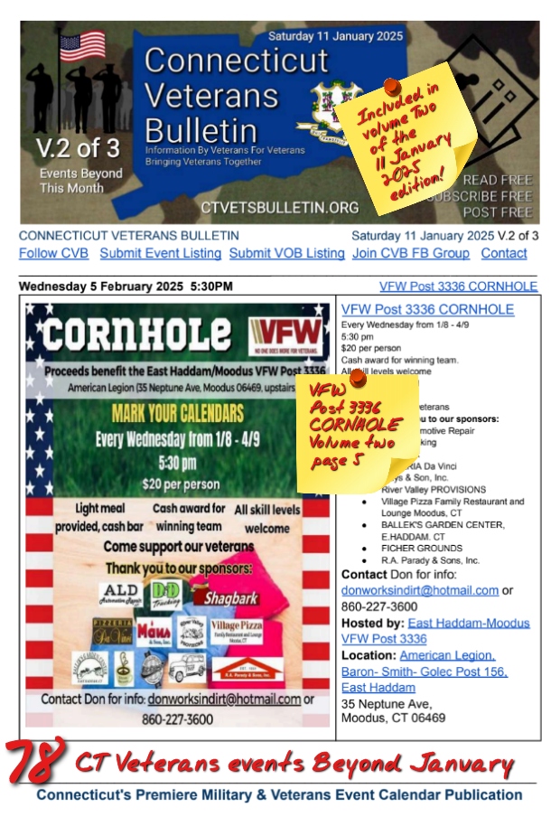 V2 CVB's Weekly Connecticut Veterans Calendar Publication Saturday 11 January 2025 Featured Listing VFW Post 3336 CORNHOLE