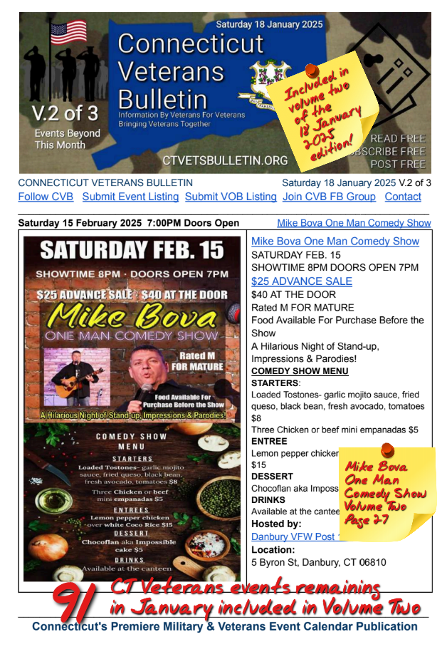 V2 CVB's Weekly Connecticut Veterans Calendar Publication Saturday 18 January 2025 Mike Bova One Man Comedy Show Featured Listing