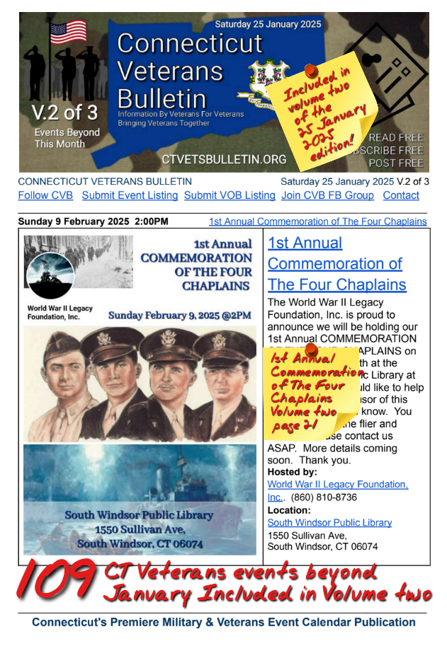 V2 CVB's Weekly Connecticut Veterans Calendar Publication Saturday 25 January 2025 Featured Listing 1st Annual Commemoration of The Four Chaplains