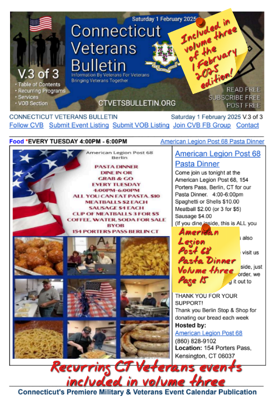 V3 CVB's Weekly Connecticut Veterans Calendar Publication Saturday 1 February 2025 Featured Listing American Legion Post 68 Pasta Dinner
