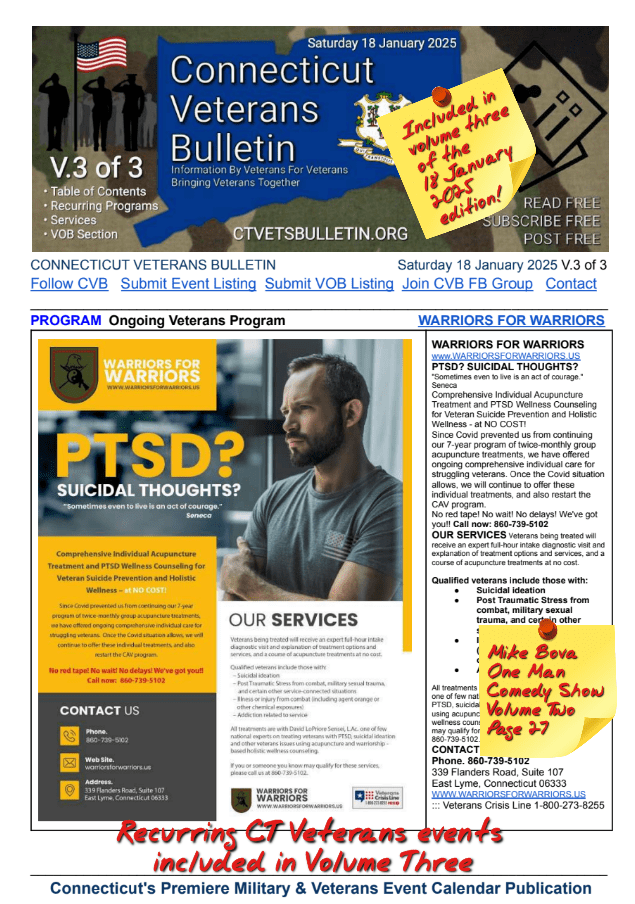 V3 CVB's Weekly Connecticut Veterans Calendar Publication Saturday 18 January 2025 Warriors For Warriors Featured Listing
