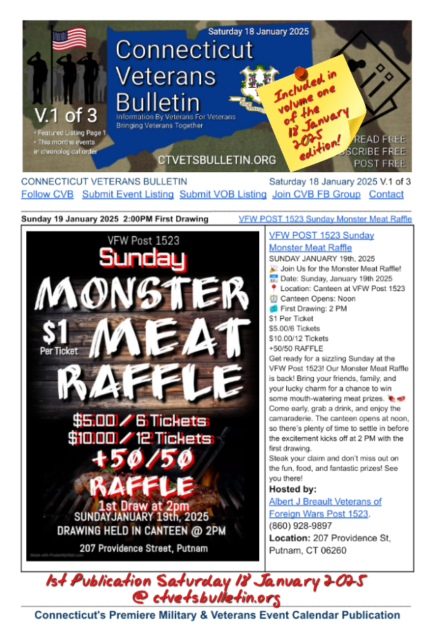 VFW POST 1523 Sunday Monster Meat Raffle 19 January 2025