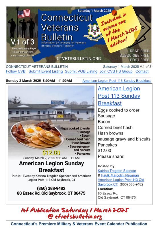 American Legion Post 113 Sunday Breakfast 2 March 2025