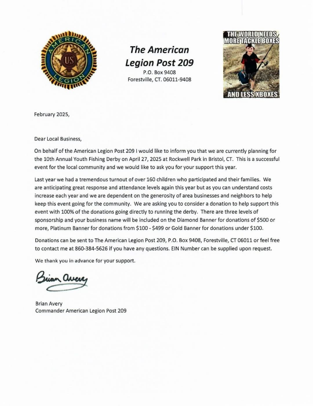 American Legion Post 209 Letter From Commander Brian Avery Regarding 10th Annual Youth Fishing Derby