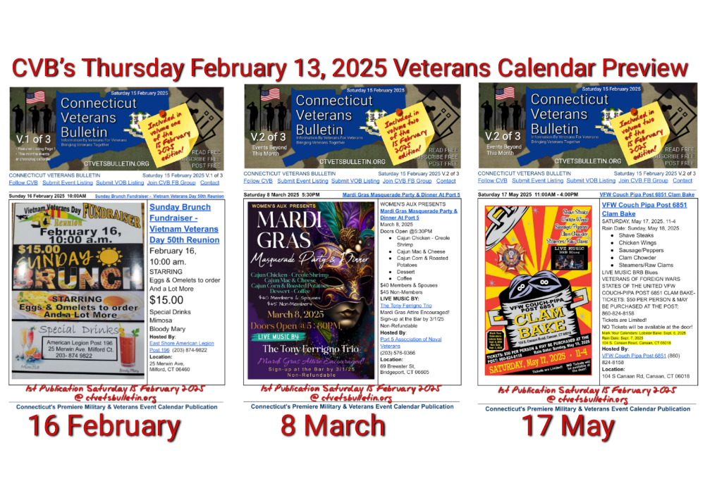 CVB’s Thursday February 13, 2025 Veterans Calendar Preview