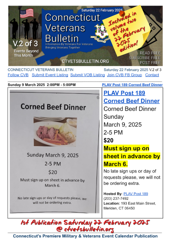 PLAV Post 189 Corned Beef Dinner