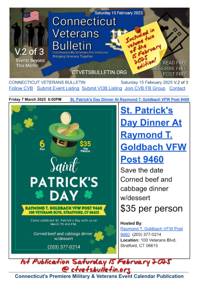 St. Patrick's Day Dinner At Raymond T. Goldbach VFW Post 9460