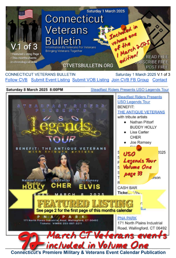 V1 CVB's Weekly Connecticut Veterans Calendar Publication Saturday 1 March 2025 featured listing USO Legends Tour Page 33