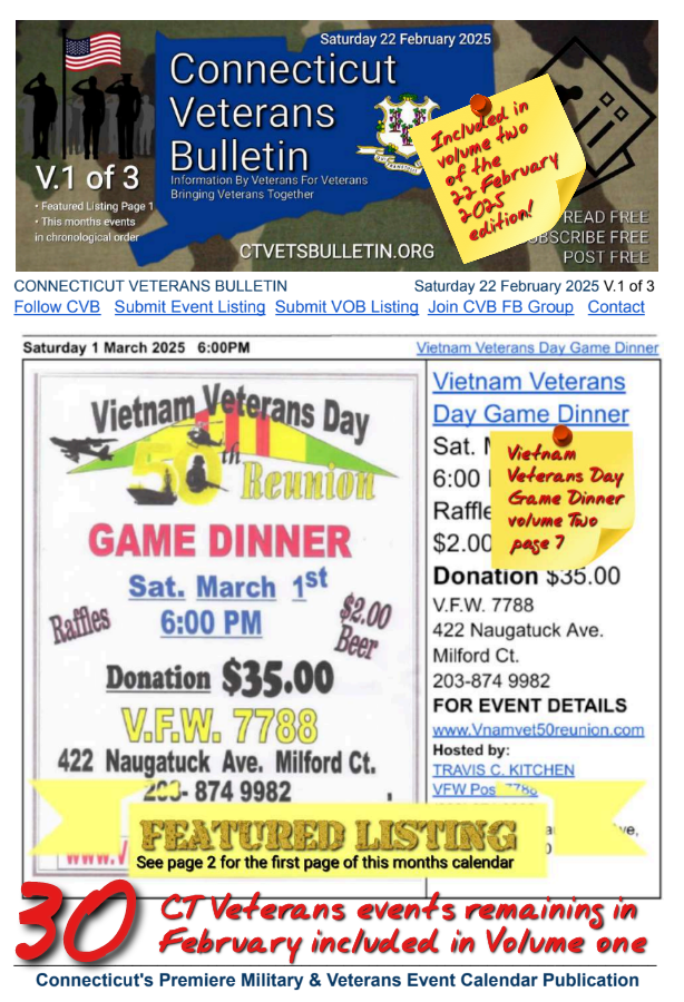V1 CVB's Weekly Connecticut Veterans Calendar Publication Saturday 22 February 2025 Featured Listing