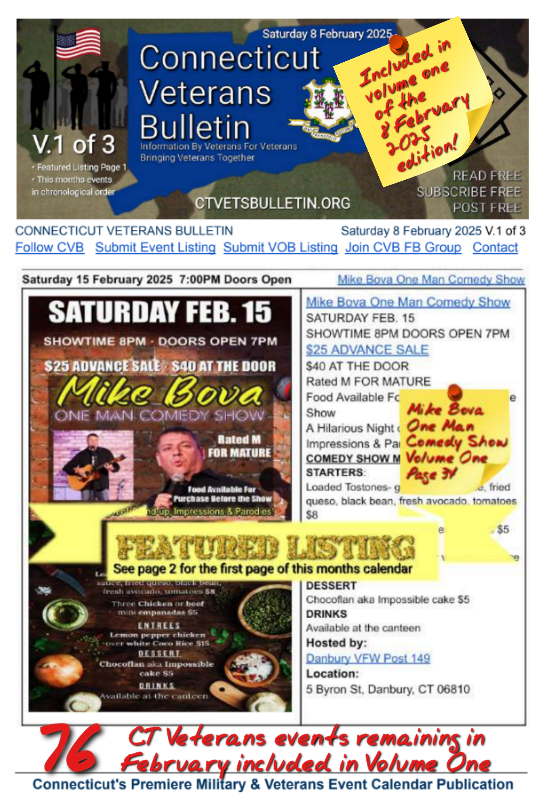 V1 CVB's Weekly Connecticut Veterans Calendar Publication Saturday 8 February 2025 featured listing Mike Bova One Man Comedy Show
