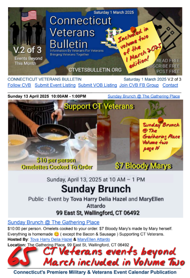 V2 CVB's Weekly Connecticut Veterans Calendar Publication Saturday 1 March 2025 featured listing Sunday Breakfast at The Gathering Place page 14