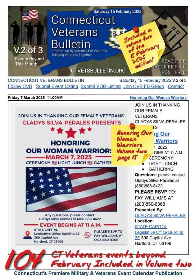 V2 CVB's Weekly Connecticut Veterans Calendar Publication Saturday 15 February 2025 Featured Listing Honoring Our Woman Warriors