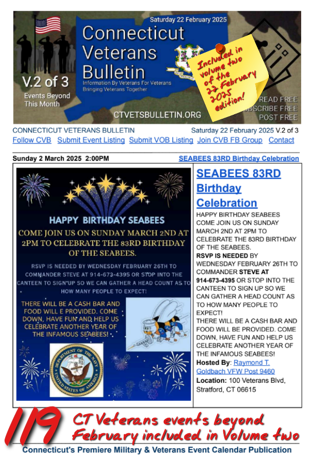 V2 CVB's Weekly Connecticut Veterans Calendar Publication Saturday 22 February 2025 Seabees 83rd Birthday Celebration Featured Listing